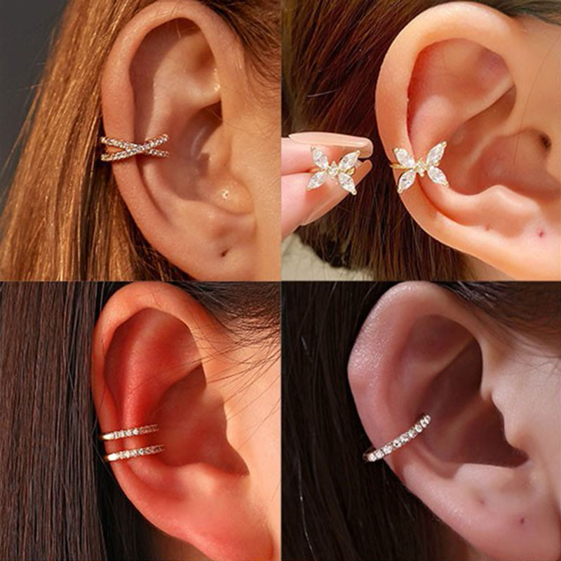 Ear Cuff No Piercing - أقراط كورية كريستالية بمشبك للأذن للنساء،