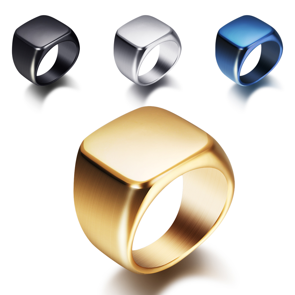 Titanium Steel Ring - نقش مجاني جديد الفضة/الذهب/أسود/أزرق مربع كبير