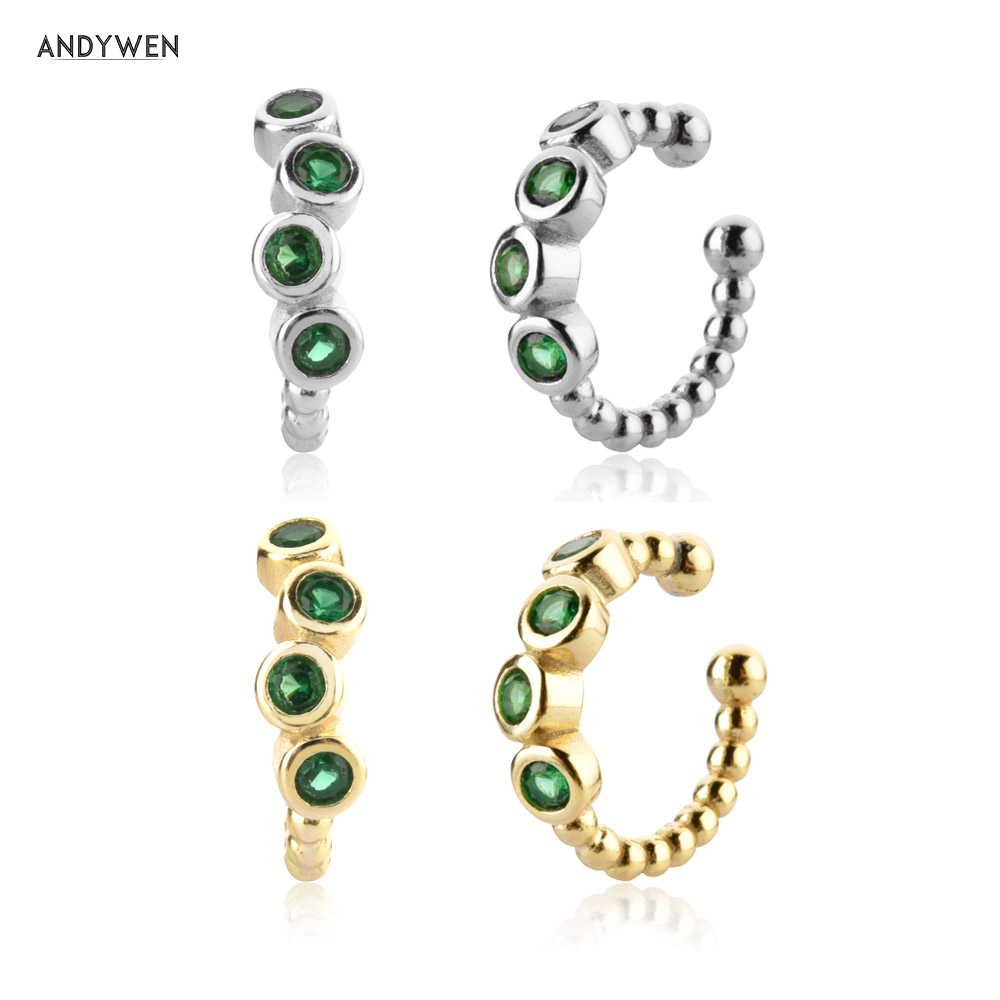 Ear Cuff No Piercing - ANDYWEN 925 فضة الأخضر الزركون جولة