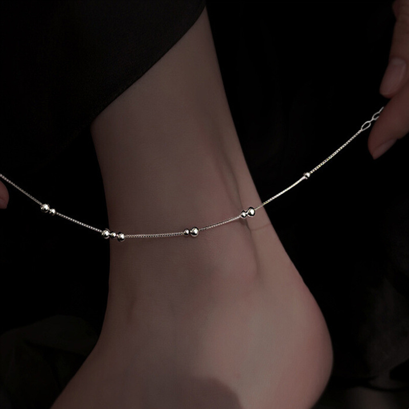 Anklet Foot Chain - 925 فضة هندسية جولة حبة الكاحل