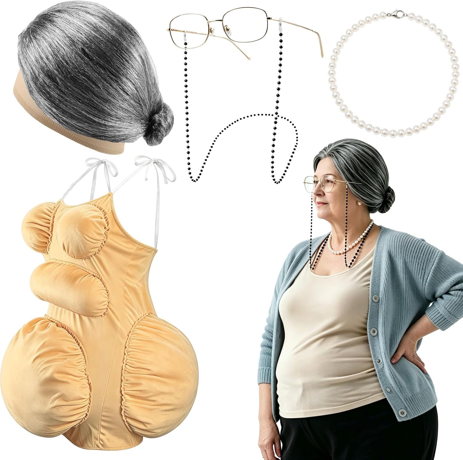 طقم زي سيدة عجوز سمينة مع بطن  - مراجعة Pearl Necklace وسعره
